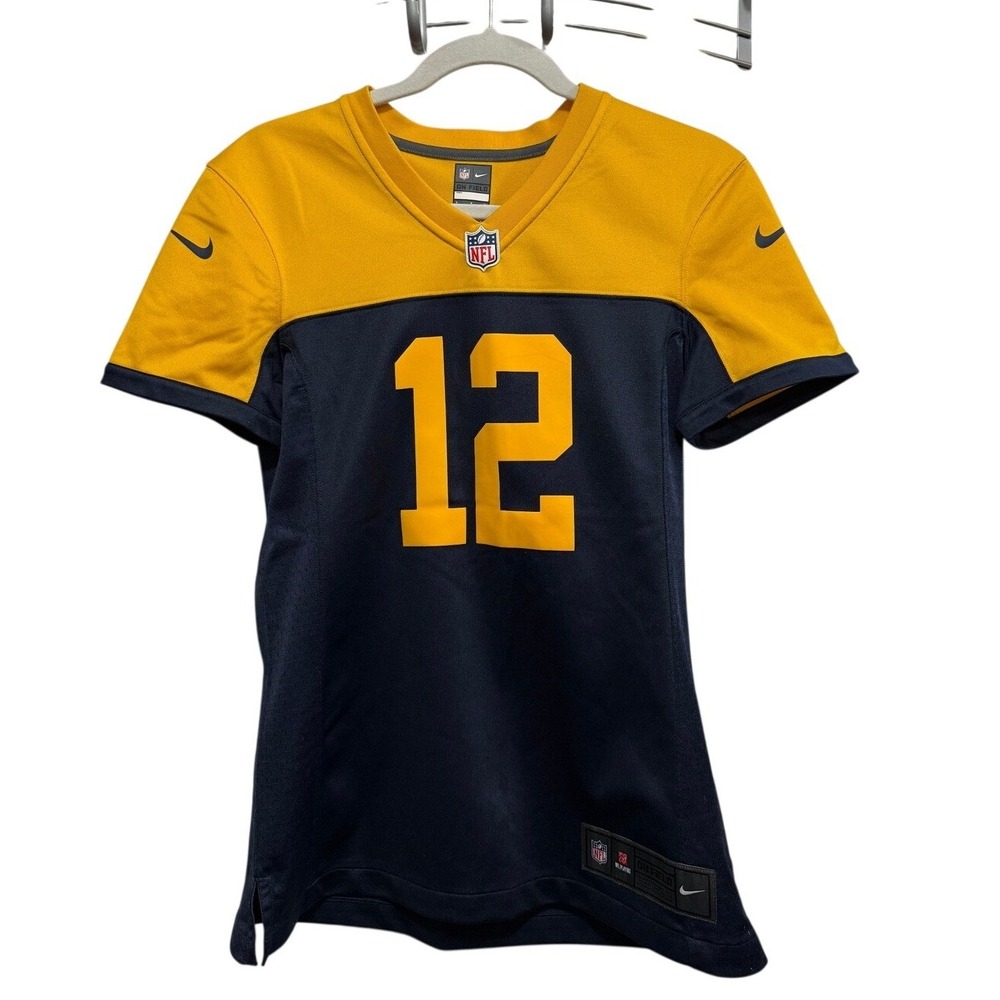 Nike Green Bay Packers Aaron Rodgers 12 NFL Jersey Women's Small Yellow Blue